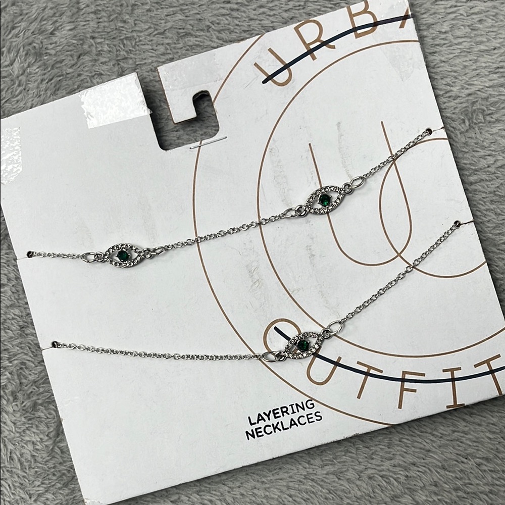 NEW Urban Outfitters Layering Necklaces Silver Green Evil Eye Fashion Jewelry‎